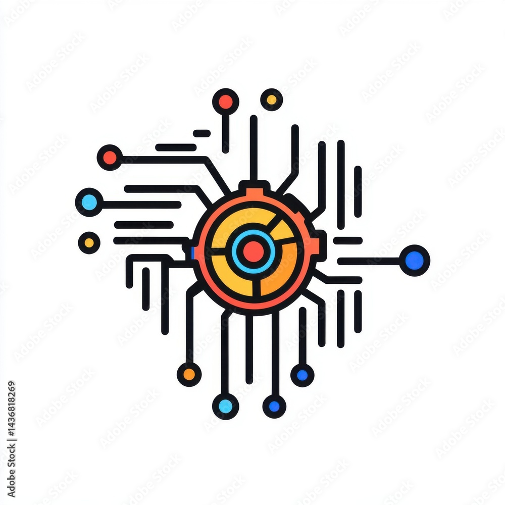 Poster abstract digital technology design featuring colorful circuit patterns and a central circular theme.