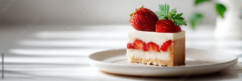 Aufkleber minimal cheesecake slice with fresh strawberries on a pure white background adorned with soft shadow
