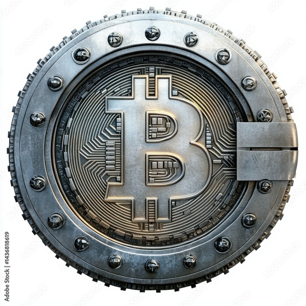 Poster a metallic bitcoin emblem encased in a secure vault design, representing cryptocurrency and security