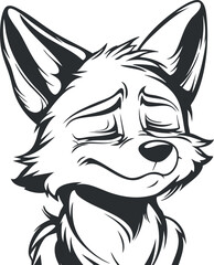 Black and white cartoon illustration of a smiling fox with large ears and closed eyes, showing a joyful expression.