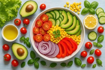 Fresh colorful salad with avocado, tomatoes, and corn garnished with basil on a light blue background