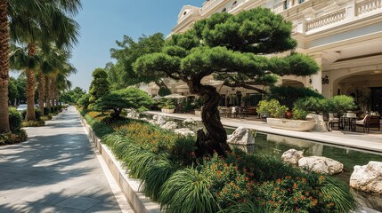 Lush hotel walkway with landscaping