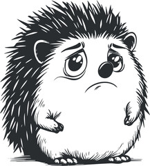 Sad cute cartoon hedgehog with big eyes and expressive face isolated on white background