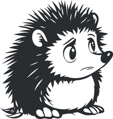 Black and white cartoon illustration of a cute sad hedgehog with spiky fur and expressive eyes