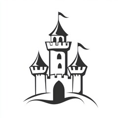 Obraz premium A whimsical black and white illustration of a fairytale castle with tall towers and flags.