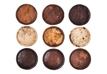 Nine round dishes with various cocoa powders and mixtures.  Different shades of brown and beige, showcasing different stages of preparation
