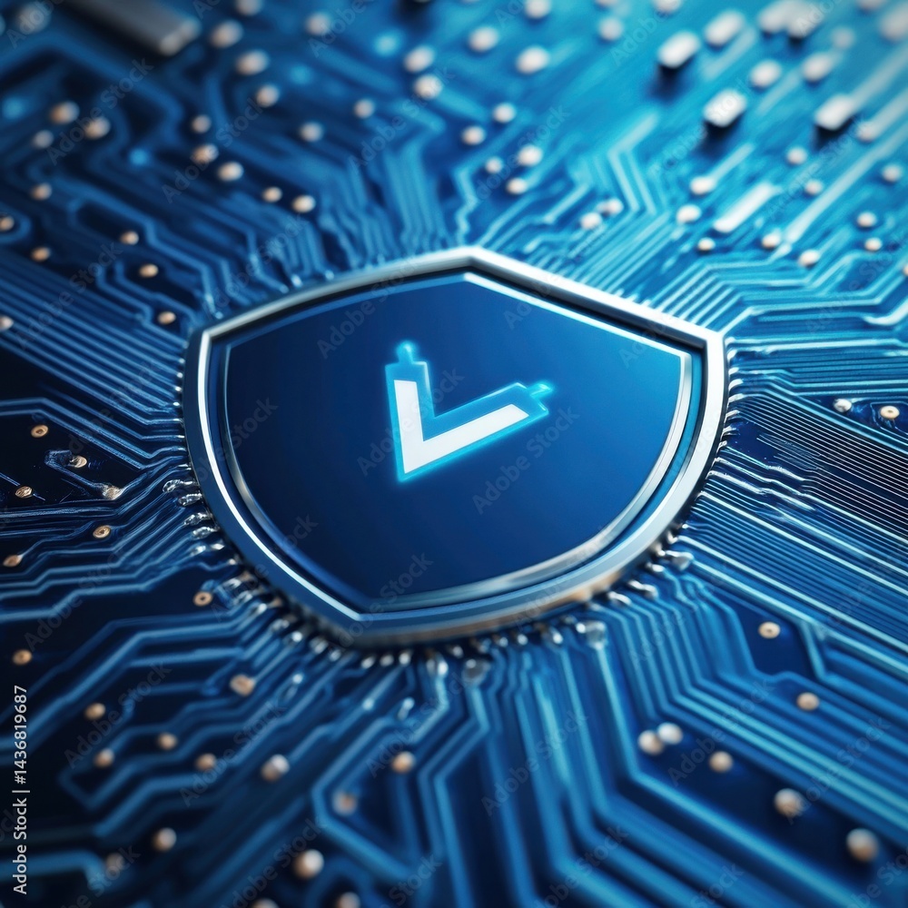 Poster a detailed close-up of a circuit board featuring a blue shield symbolizing cybersecurity and data pr