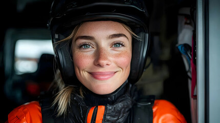 Smiling Female Motorcyclist in Orange Jacket and Helmet