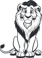 Black and white cartoon illustration of a friendly lion sitting and smiling with a detailed mane.