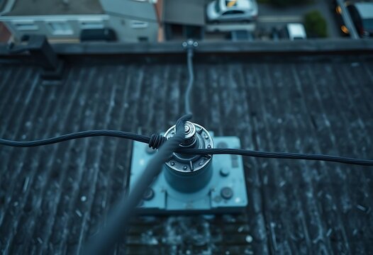 close up of a power line with a building in the background