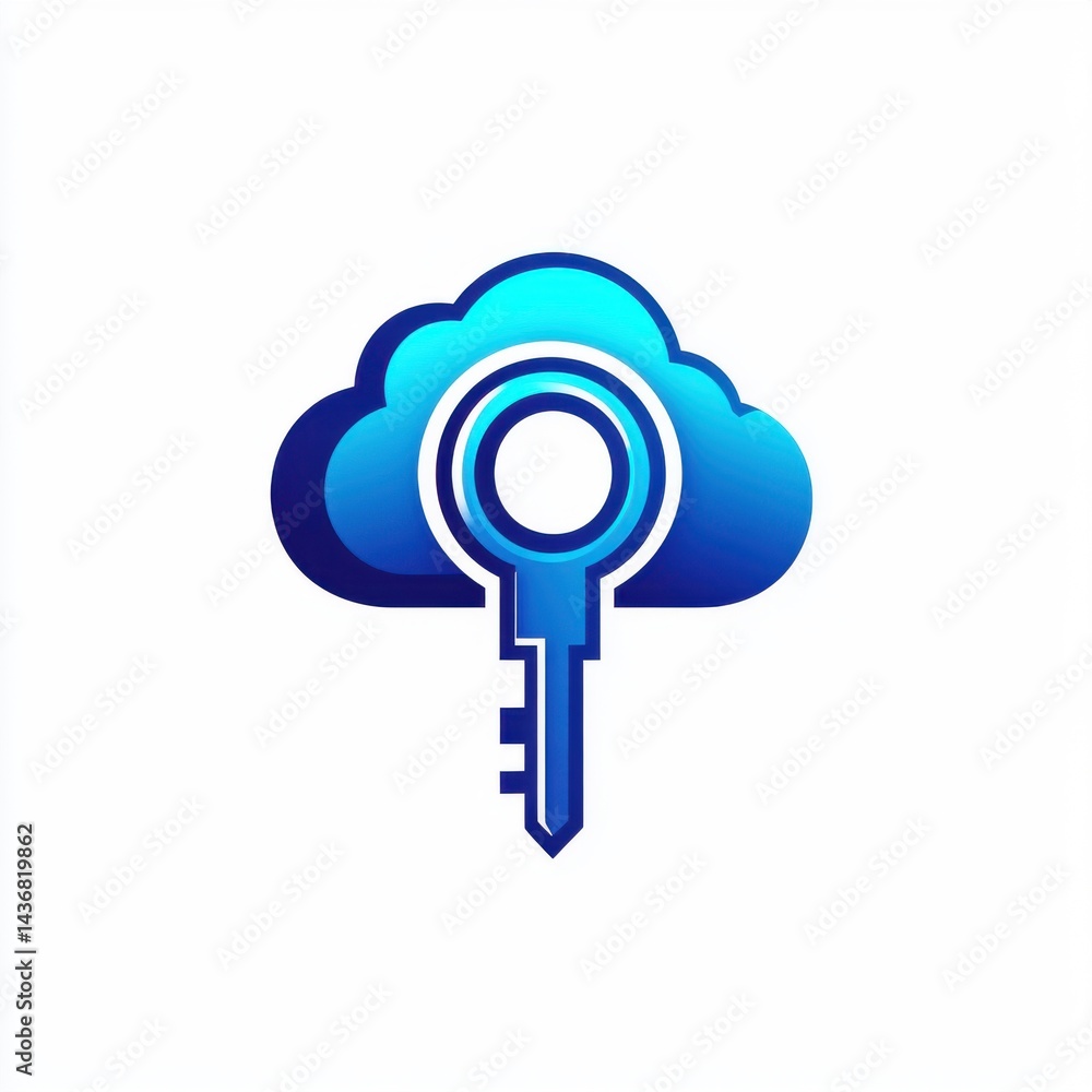 Poster blue cloud and key icon representing digital security and data protection.