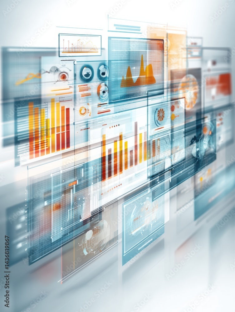 Fototapete Floating Marketing Dashboard Showcasing Interactive Charts and Analytics in a Virtual Environment for Enhanced Data Visualization
