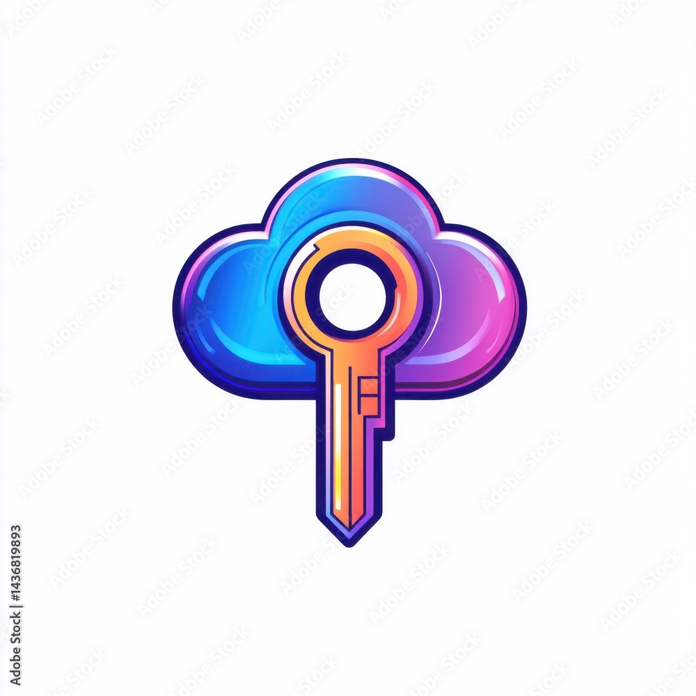 Poster a colorful, stylized cloud with a key symbol representing digital security and storage.