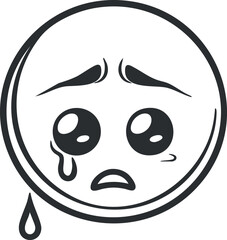 Black and white cartoon sad face emoji with teardrop expressing sorrow and distress