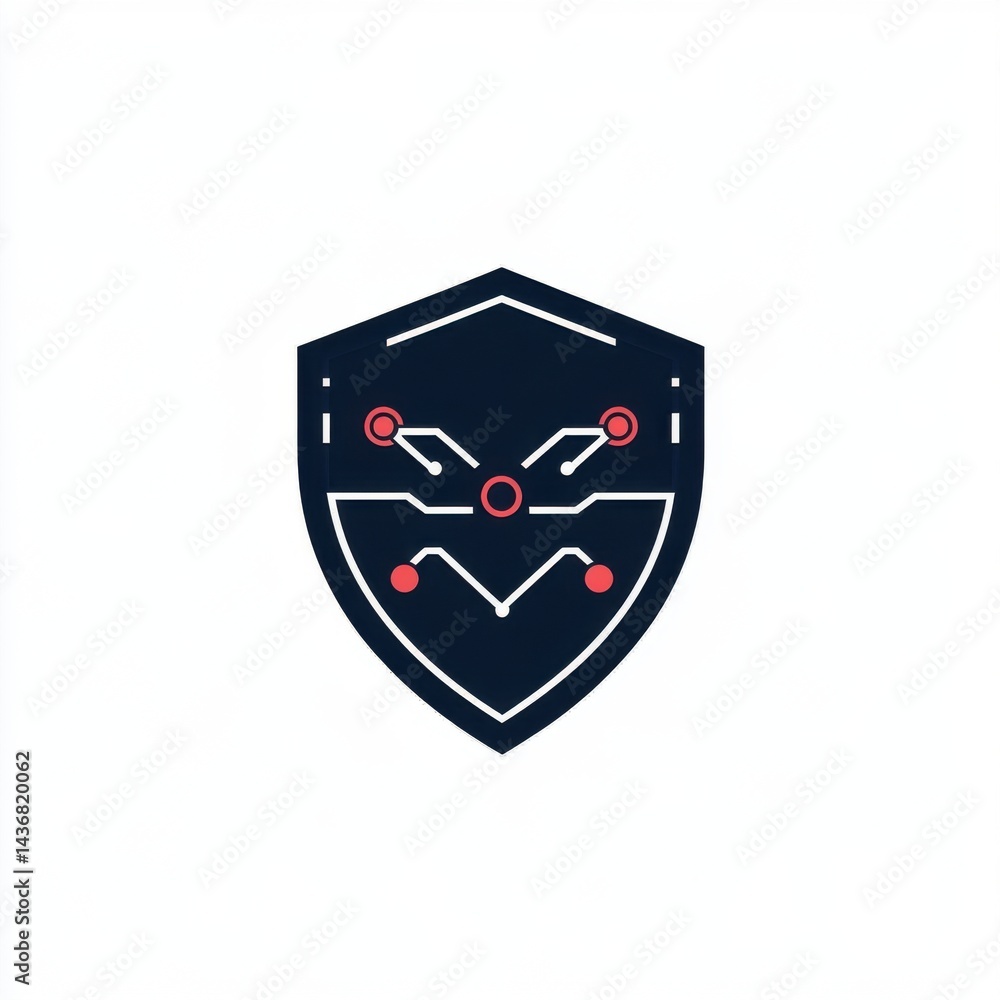 Poster stylized digital shield icon with circuit patterns and red dots on a white background.