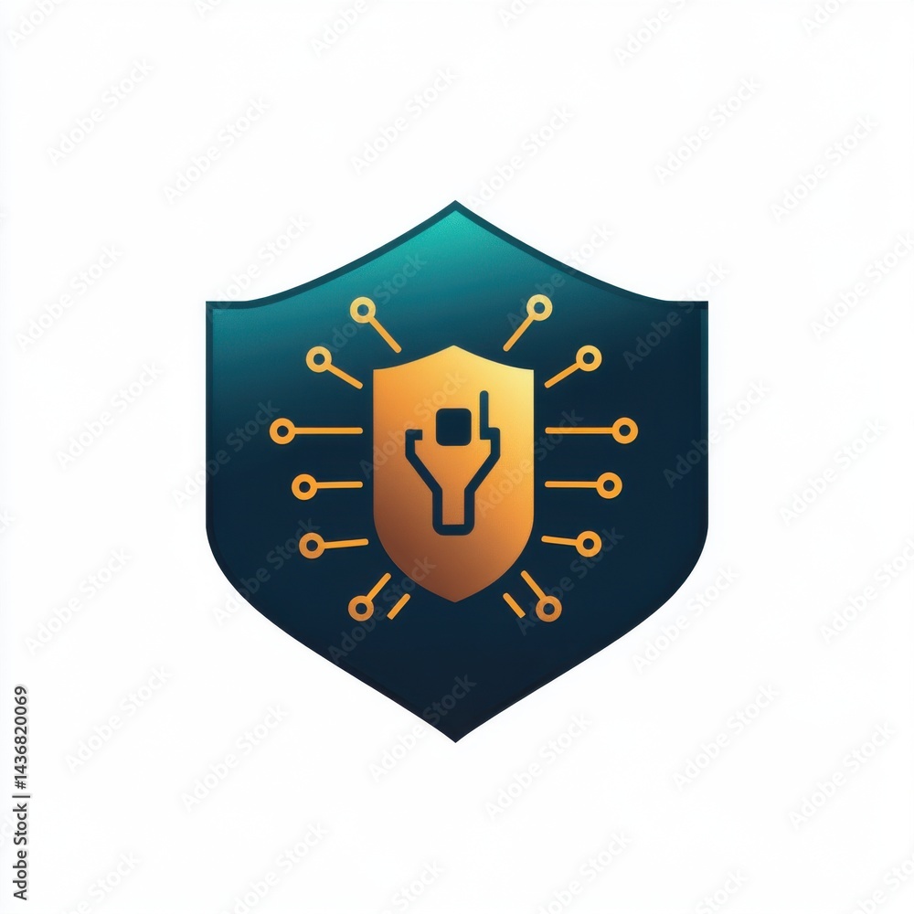 Poster a digital shield icon representing cybersecurity with a golden hand symbol and network connections.