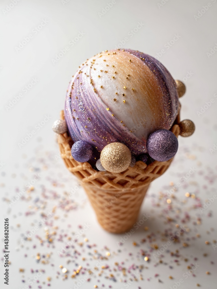 Aufkleber Gelato Ball in Waffle Cone Adorned With Sparkles Against a White Backdrop Creating a Whimsical Dessert Delight