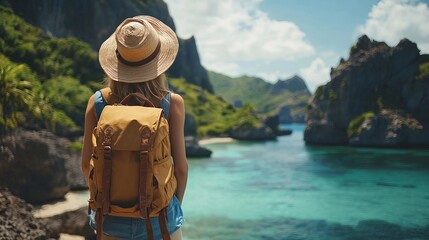A young woman with a sun hat and backpack gazes at a stunning tropical landscape featuring turquoise waters and rocky cliffs.