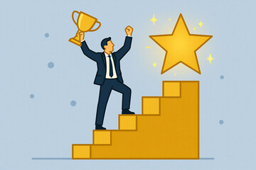Fototapeta premium A cartoon businessman on the top of stairs celebrates with a trophy and a raised fist, with a large gold star behind him. The background is light blue.