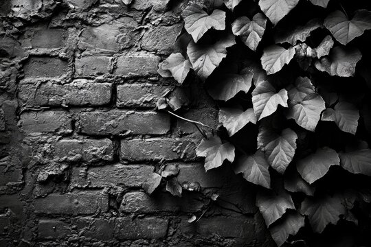 Ivy leaves climbing a dark, textured brick wall, creating a moody, monochrome scene.