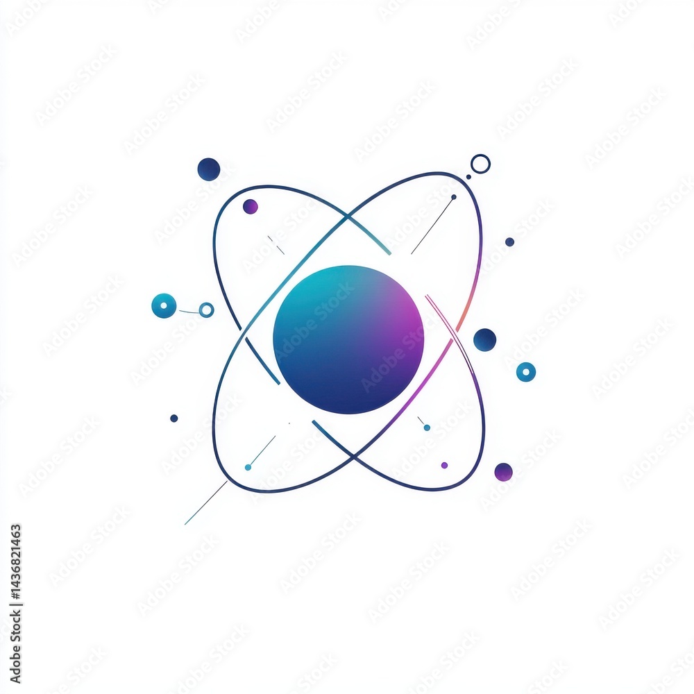 Poster a stylized atom illustration with a gradient sphere and orbiting particles, creating a modern scient