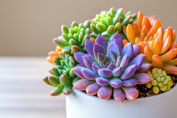 A vibrant succulent arrangement in a white pot, showcasing diverse colors and textures.