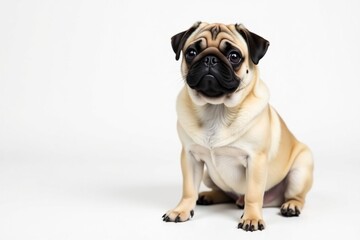 Obraz premium Adorable pug dog sits against white background, adorable, view