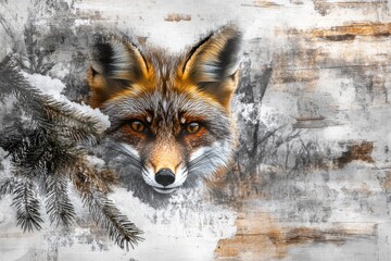 Obraz premium A red fox's face peering from snowy woods, depicted on a rustic wooden background.