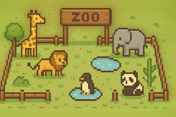 Fototapeten Colorful pixel art zoo scene with giraffe, elephant, penguin, lion, and panda © Igor