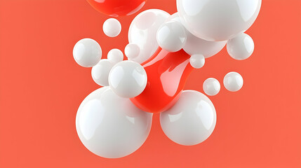 Abstract 3D Rendering of Glossy White and Orange Spheres on Coral Background