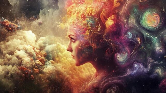 Surreal profile of a woman with colorful nebula hair and cosmic clouds for fantasy conceptual art or spiritual guidance