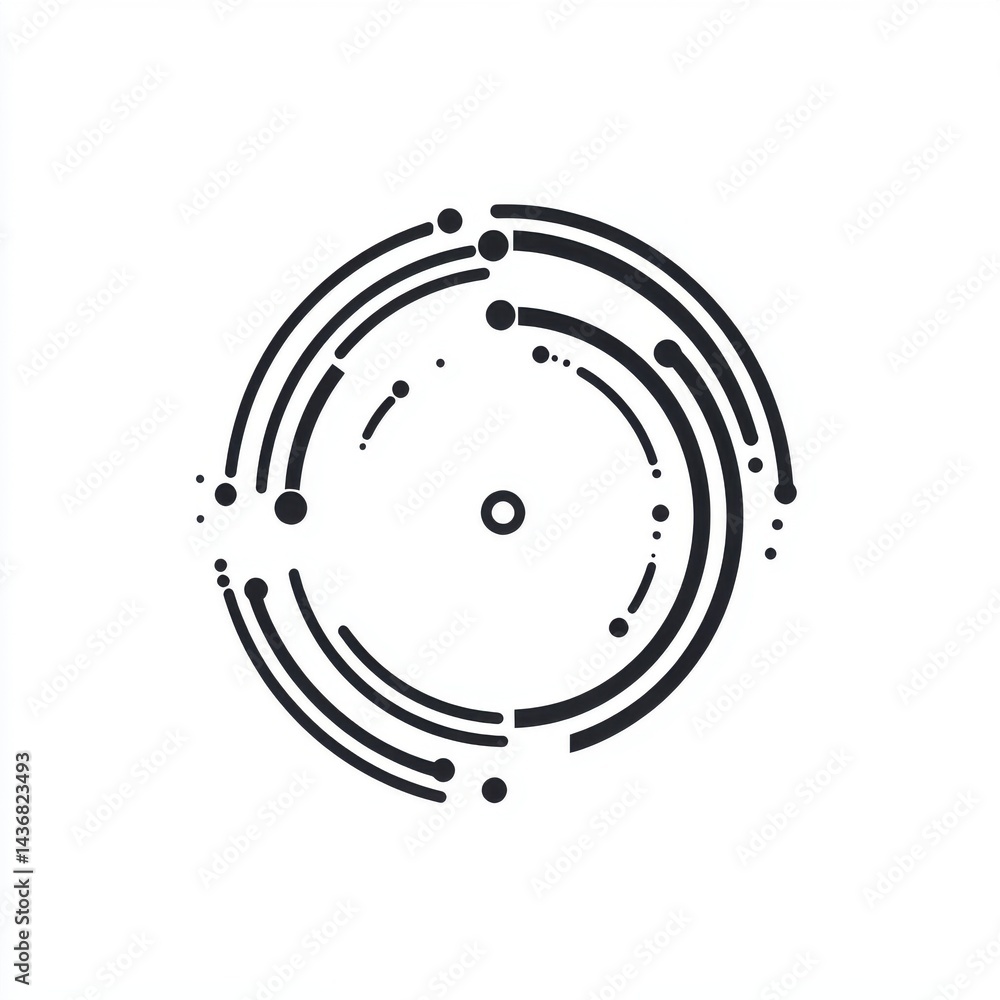 Poster modern black and white abstract circular pattern with dynamic lines and dots, conveying movement and