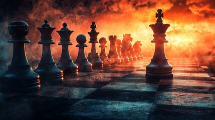 A dramatic scene of a chessboard with black pieces set against a fiery sunset, evoking a sense of intensity and competition.