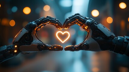 Futuristic robotic hands form a heart shape, glowing with a warm light, symbolizing love and connection in a digital age.
