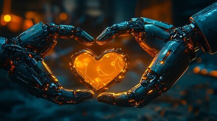 Two futuristic robotic hands forming a heart symbol, showcasing a blend of technology and emotion.