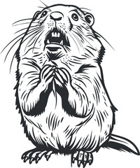 Black and white line art illustration of a surprised rodent with whiskers and claws praying