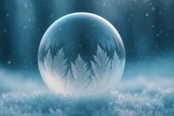 Frosty bubble with delicate ice crystals on snowy surface in winter wonderland