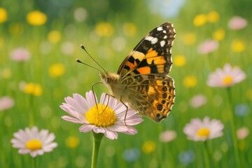 Painted lady butterfly on daisy in sunlit flower meadow