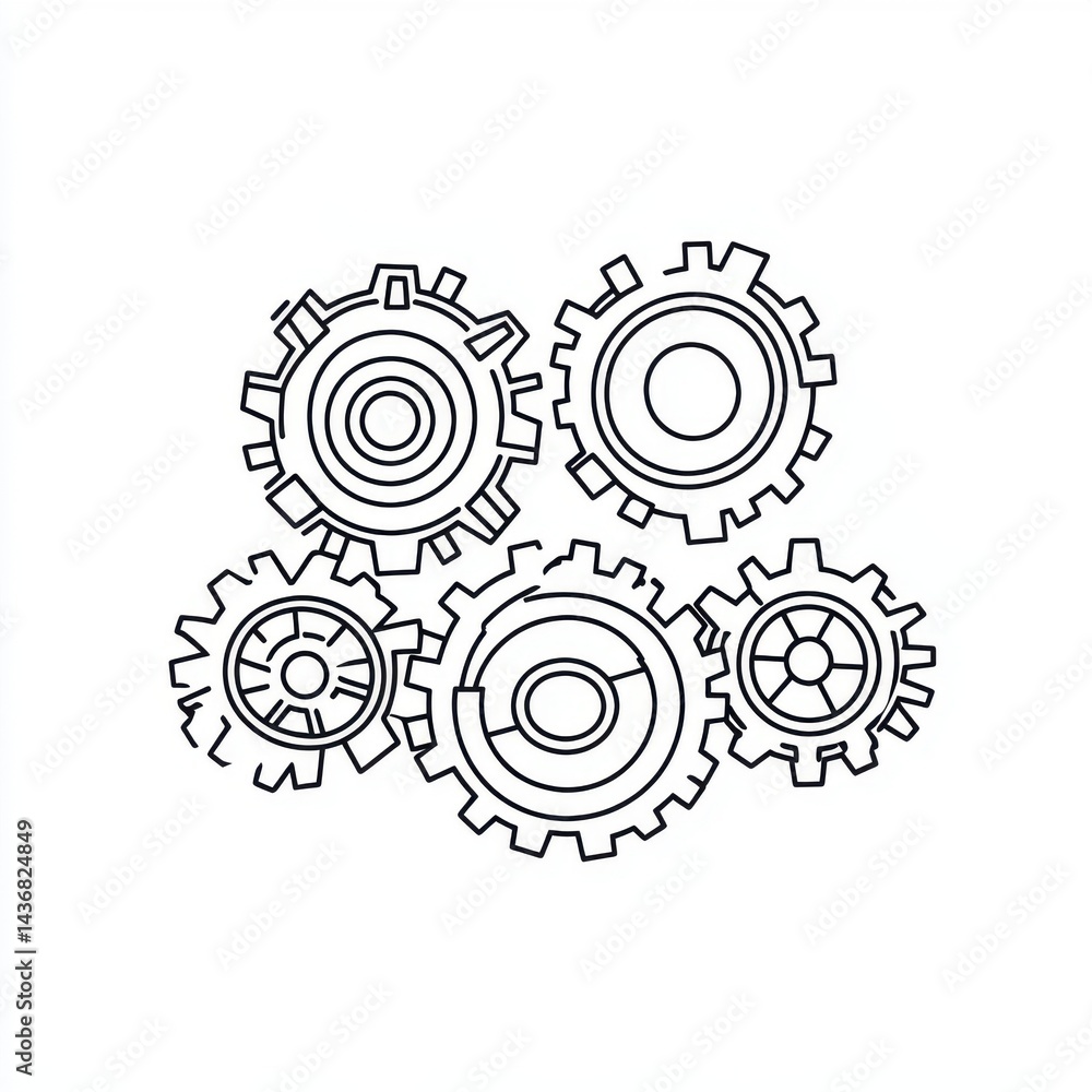 Poster a collection of intricately designed gears in a linear style, showcasing mechanical intricacy and pr