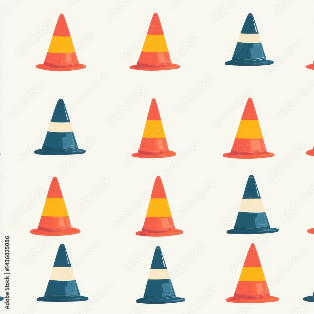 Poster colorful traffic cones in a repeating pattern on a light background.