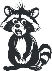 Black and white cartoon illustration of a surprised raccoon with expressive eyes and striped tail