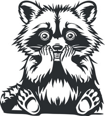 Black and white vector illustration of a cute cartoon raccoon sitting with hands on face and big eyes