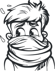 Black and white cartoon illustration of a boy wearing a scarf, sweating and looking anxious in cold weather.