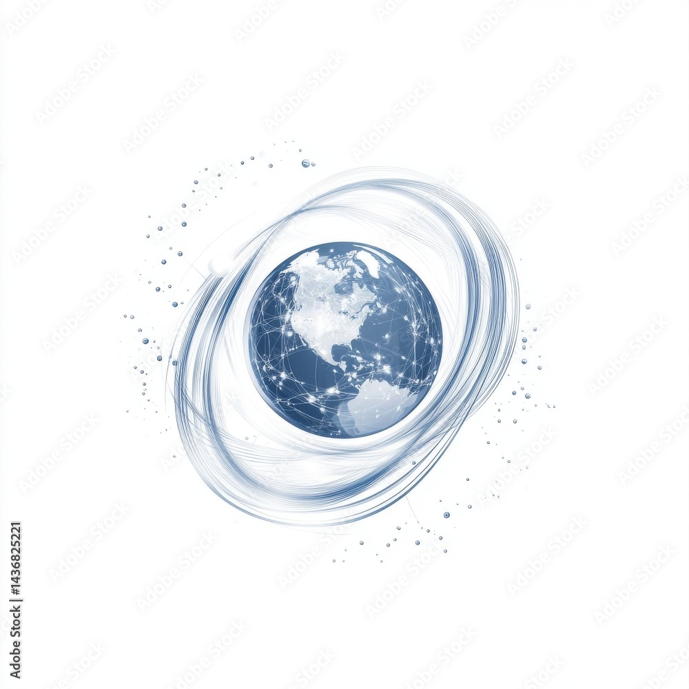 Poster artistic representation of a globe interconnected by swirling lines, symbolizing global communicatio