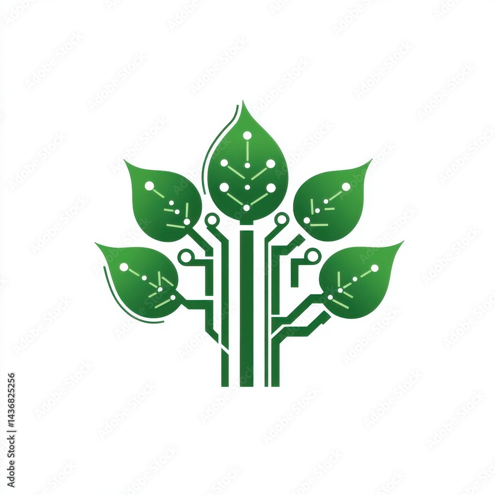 Poster a vibrant green leaf design infused with circuit patterns, symbolizing the fusion of nature and tech