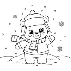 happy teddy bear in the snow winter. coloring book for kids