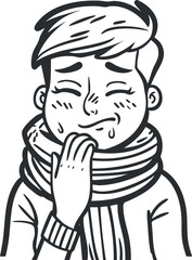Black and white illustration of a young boy wearing a scarf feeling sick with cold symptoms