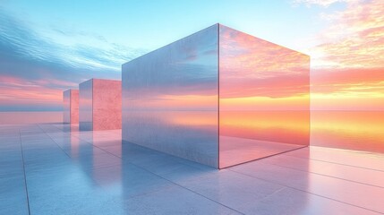 Minimalist, modern, geometric cubes reflecting a vibrant sunset over calm ocean