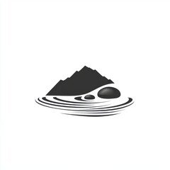 Stylized black mountain silhouette on a serene water surface with circular ripples.