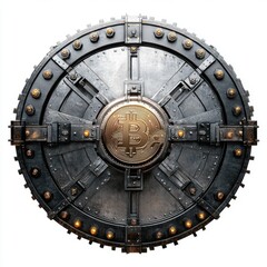 Fototapeta premium A metallic shield featuring a prominent Bitcoin symbol, evoking strength and security in the digital finance realm.